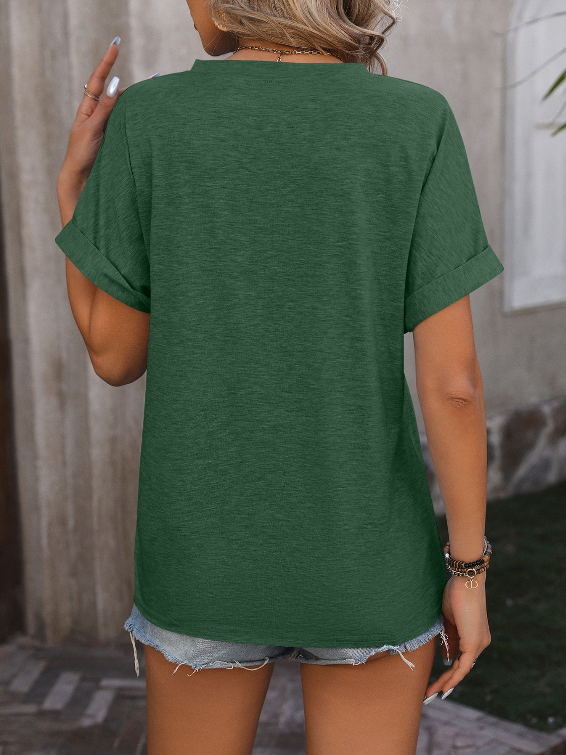 Notched Buttoned Short Sleeve T-Shirt-Angel Casuals
