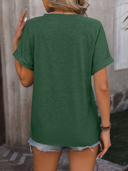 Notched Buttoned Short Sleeve T-Shirt-Angel Casuals