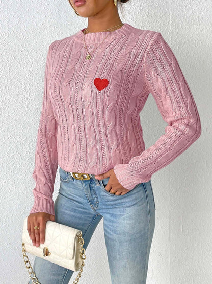 Cable-Knit Heart Round Neck Long Sleeve Sweater-Angel Casuals