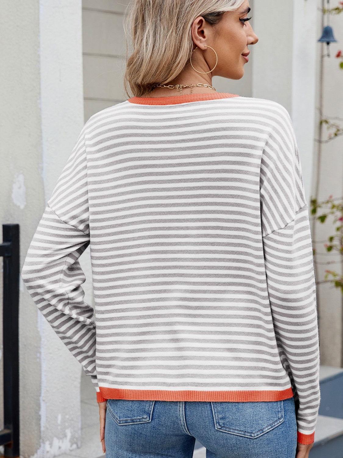 Striped Contrast Round Neck Long Sleeve Sweater-Angel Casuals