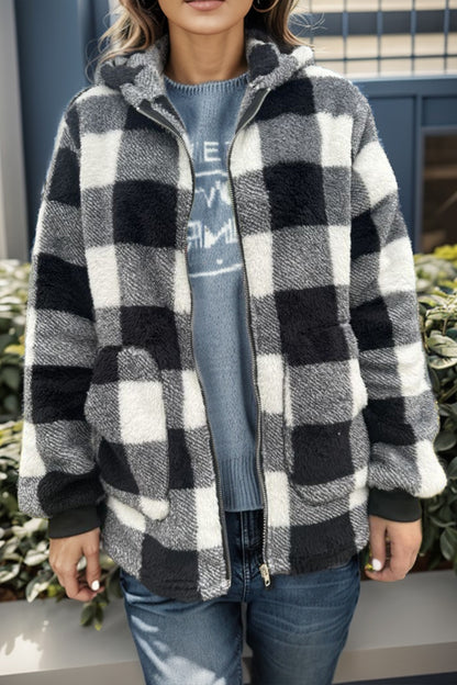 Double Take Full Size Plaid Long Sleeve Hooded Coat-Angel Casuals