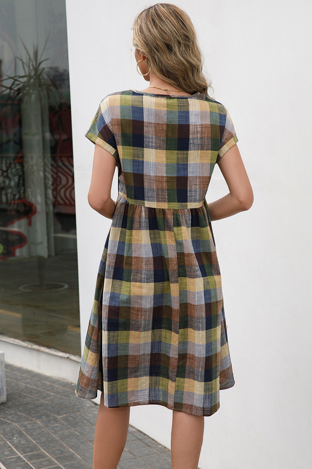 Plaid Round Neck Cap Sleeve Dress-Angel Casuals