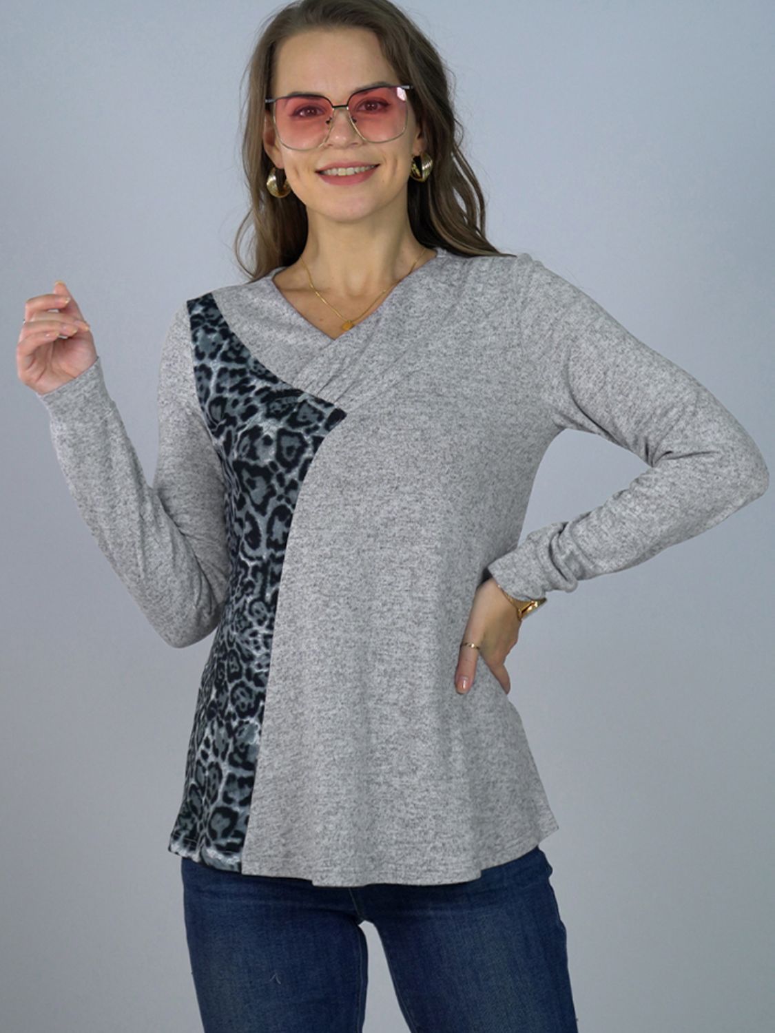 Leopard Print V-Neck Long Sleeve Tee-Angel Casuals