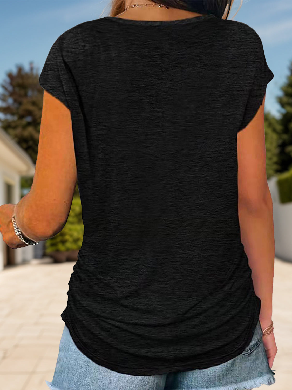 Full Size Half Zip Cap Sleeve T-Shirt-Angel Casuals