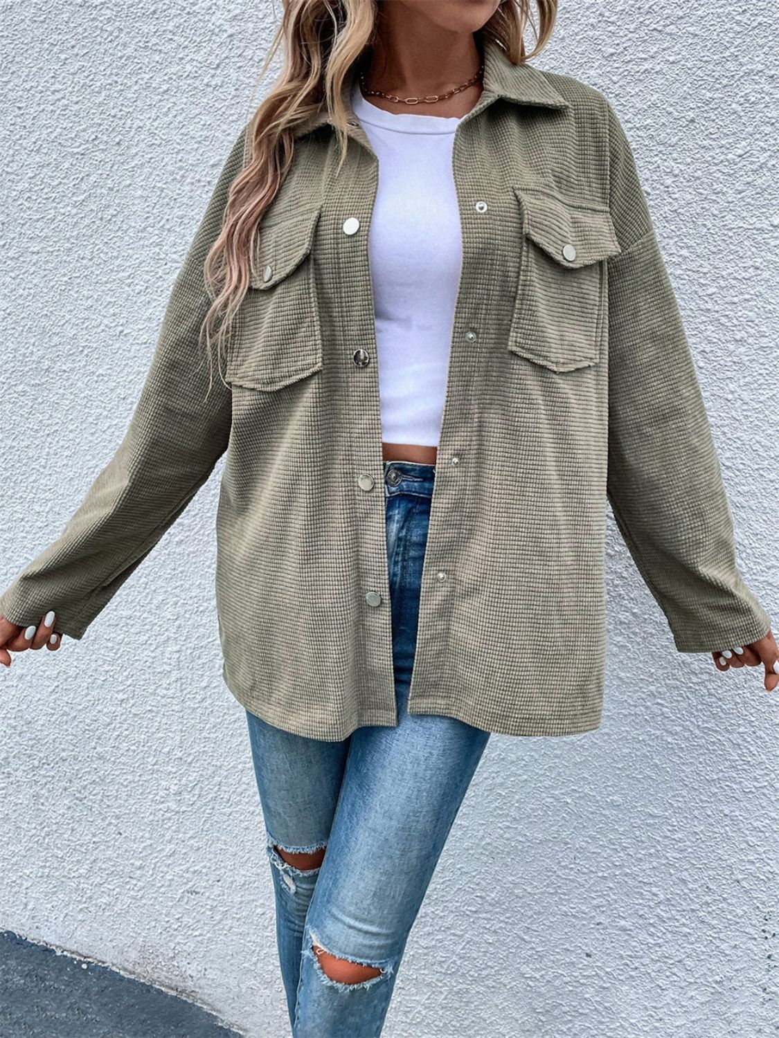Snap Down Collared Neck Drop Shoulder Jacket-Angel Casuals