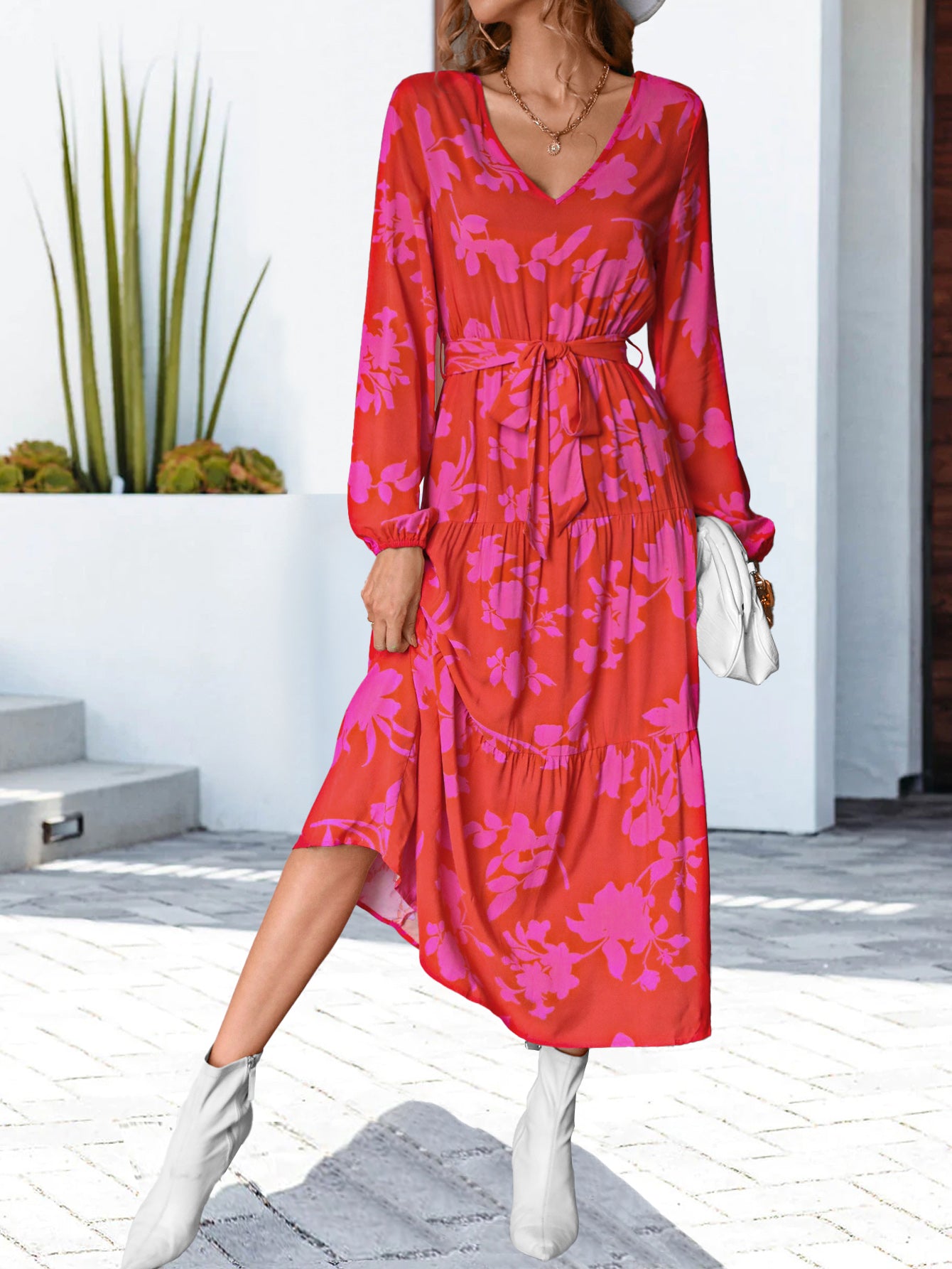 Floral V-Neck Long Sleeve Dress-Angel Casuals