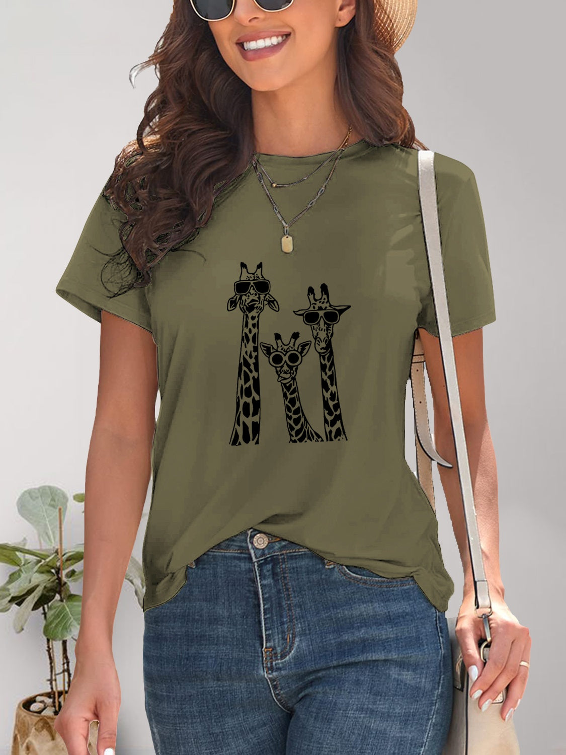 Giraffe Graphic Round Neck T-Shirt-Angel Casuals