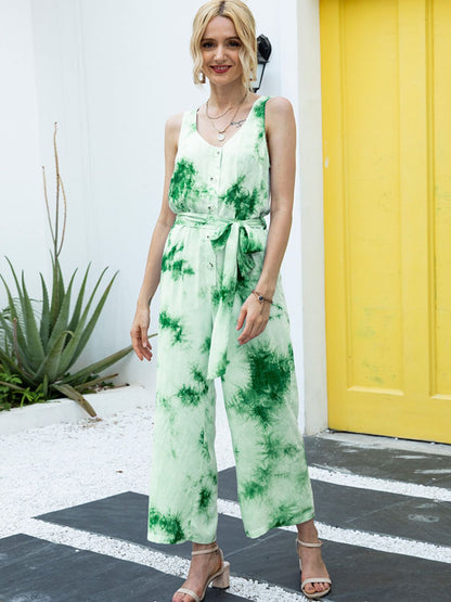 Tie-Dye Tie Waist Sleeveless Jumpsuit-Angel Casuals