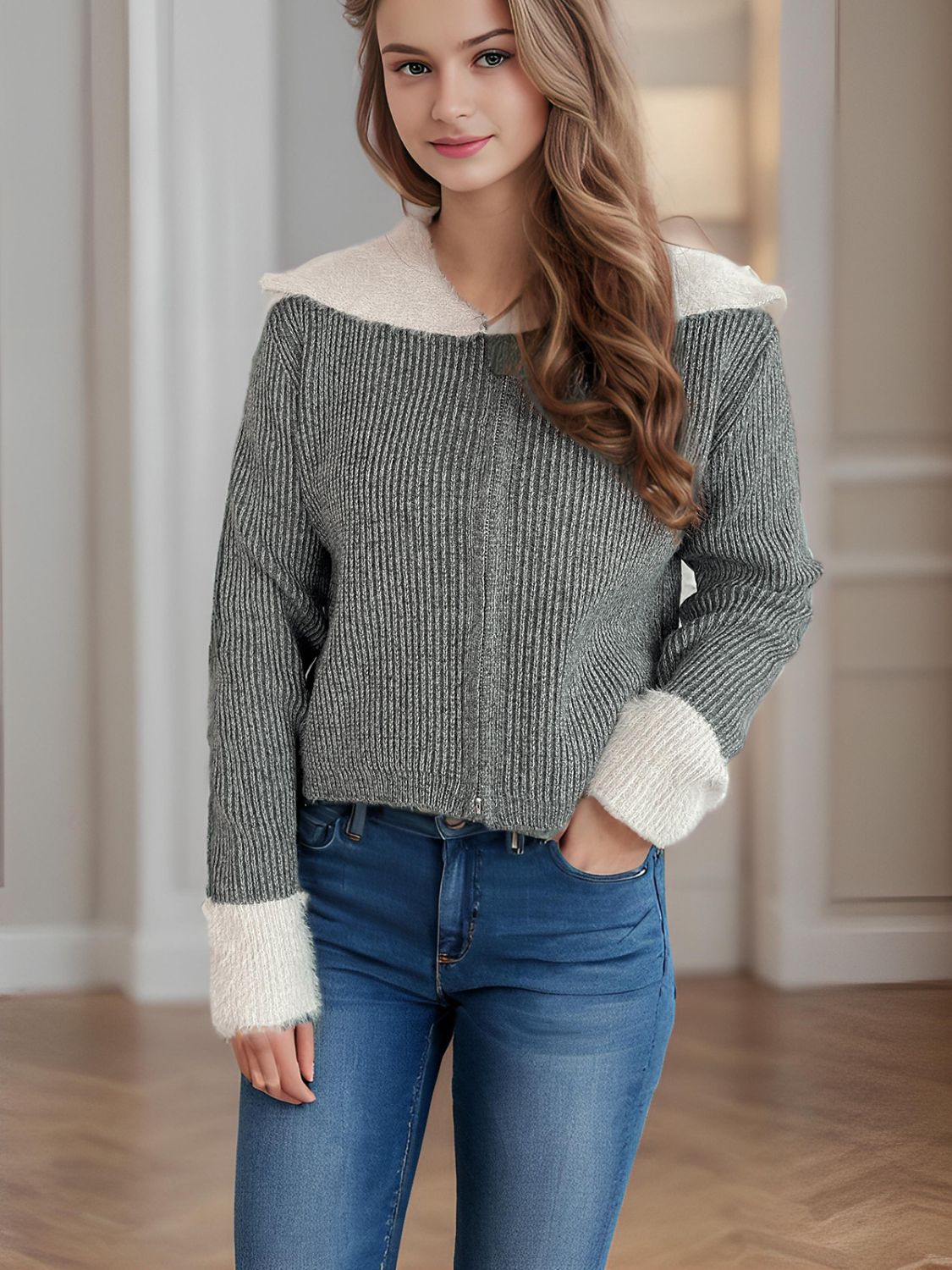 Zip Up Collared Neck Long Sleeve Cardigan-Angel Casuals