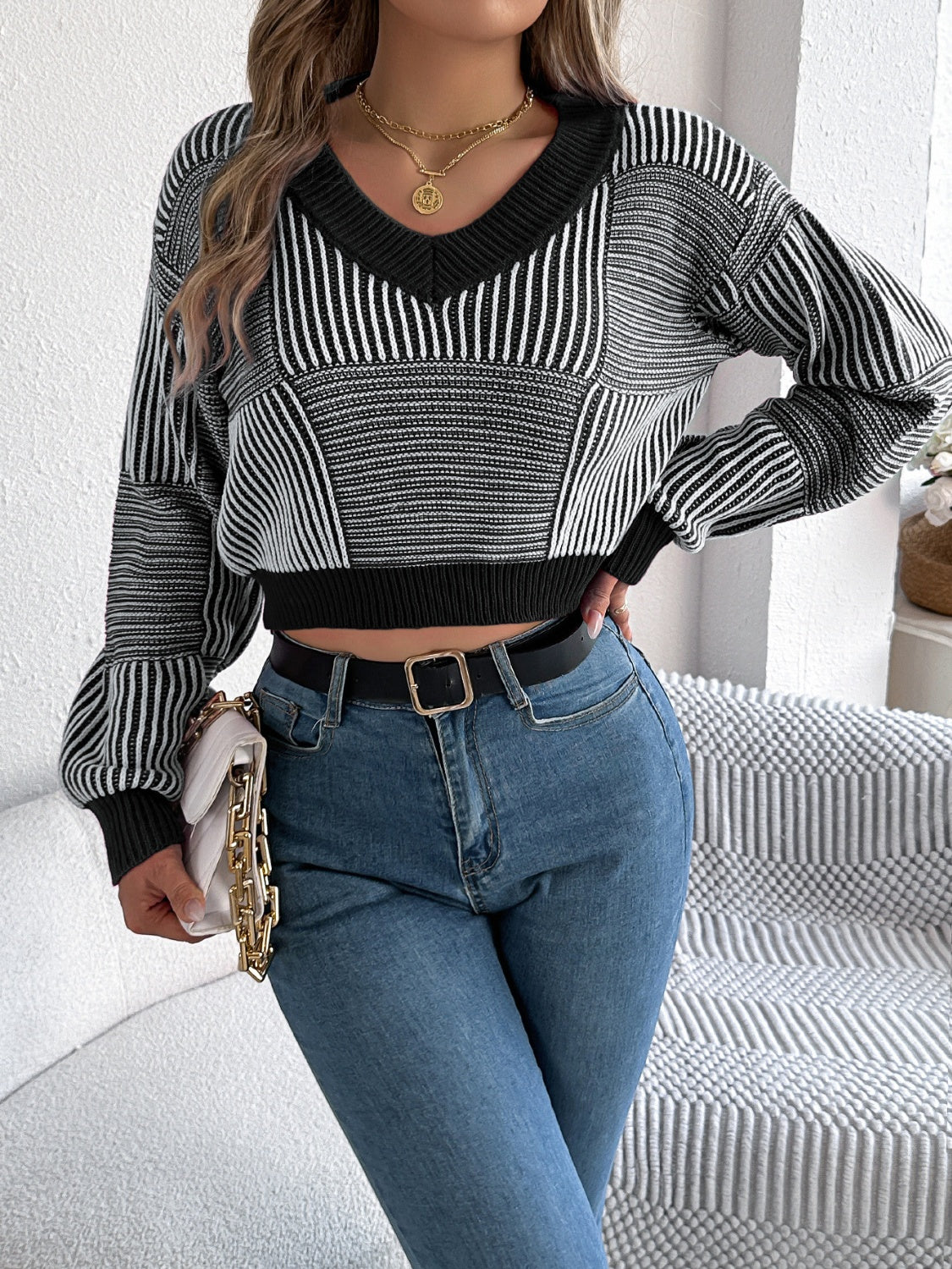 Striped V-Neck Long Sleeve Sweater-Angel Casuals