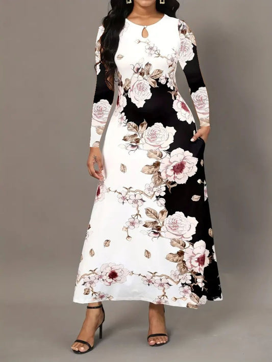 Pocketed Printed Long Sleeve Dress-Angel Casuals