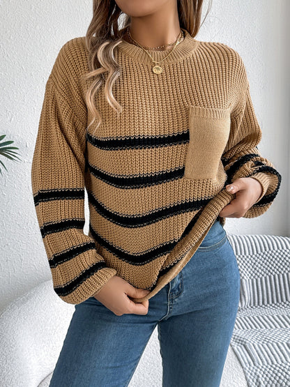 Striped Round Neck Long Sleeve Sweater-Angel Casuals