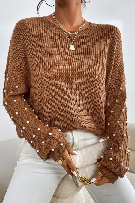 Pearl Detail Round Neck Long Sleeve Sweater-Angel Casuals