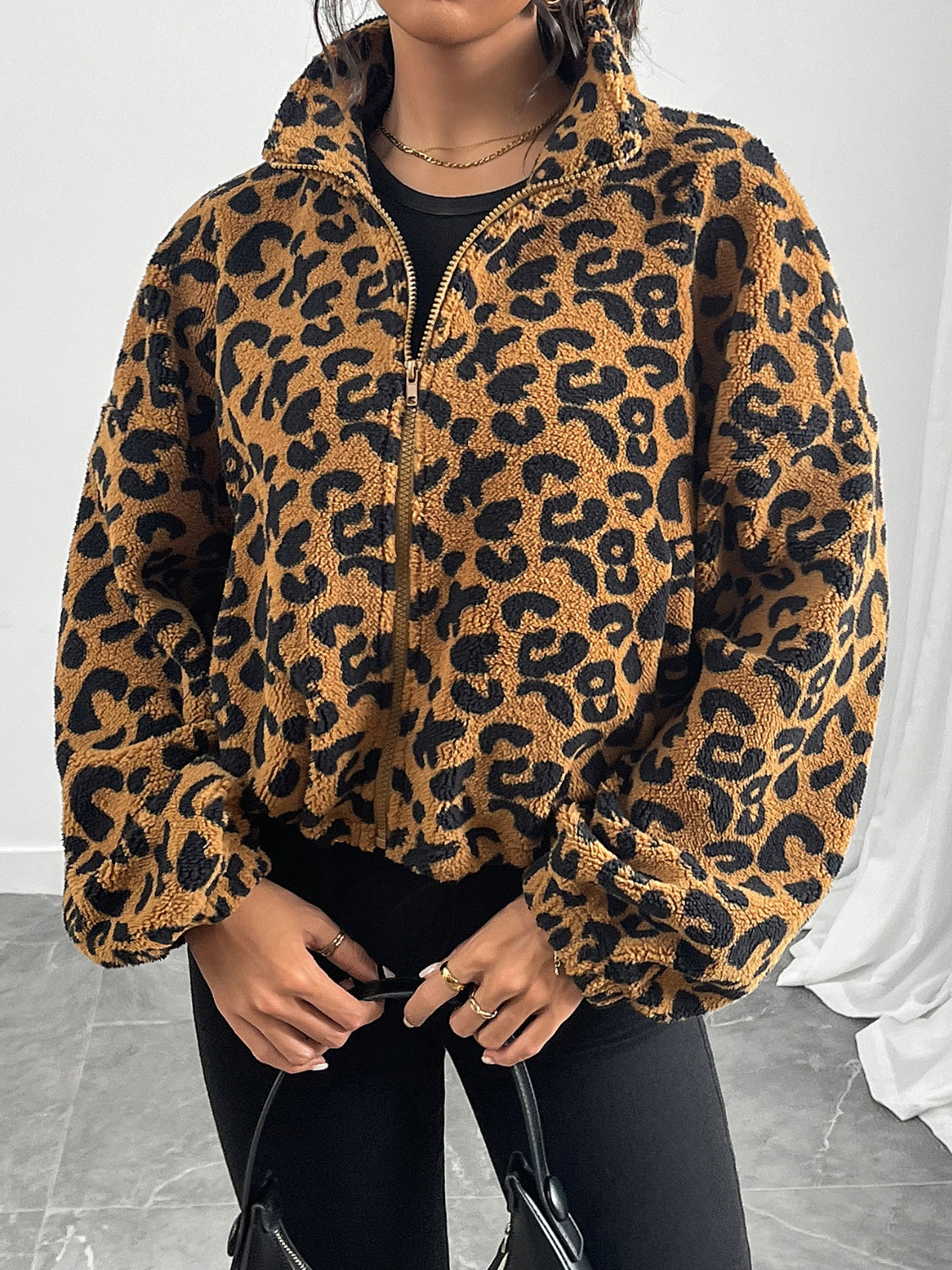 Leopard Zip Up Long Sleeve Jacket-Angel Casuals