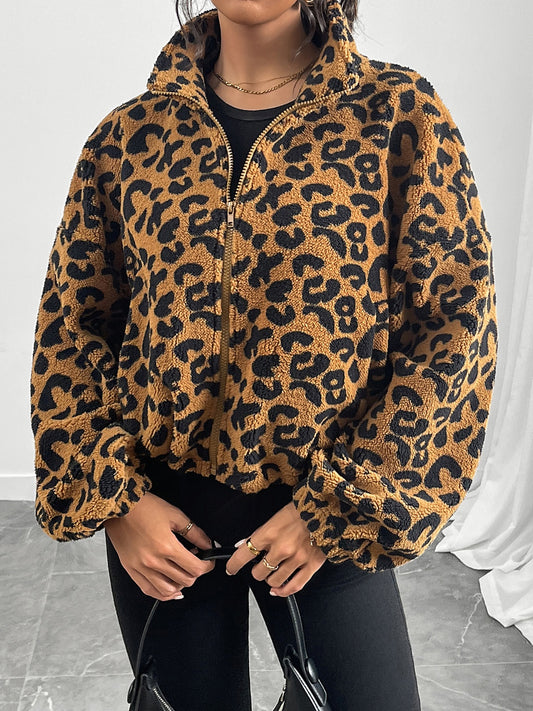 Leopard Zip Up Long Sleeve Jacket-Angel Casuals