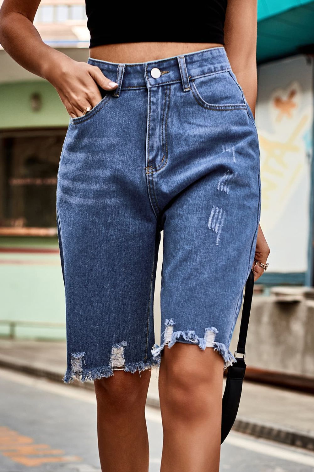 Raw Hem High Waist Denim Shorts with Pockets-Angel Casuals