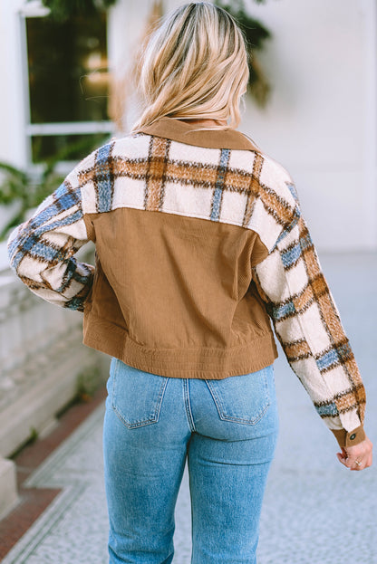 Plaid Collared Neck Button Down Jacket-Angel Casuals