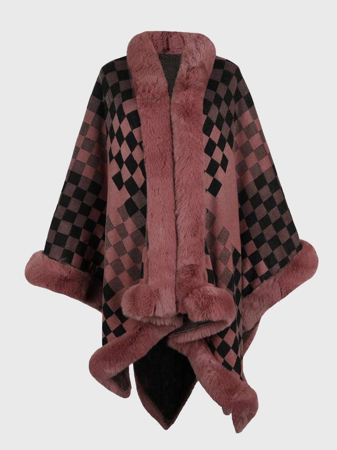 Checkered Faux Fur Trim Poncho-Angel Casuals