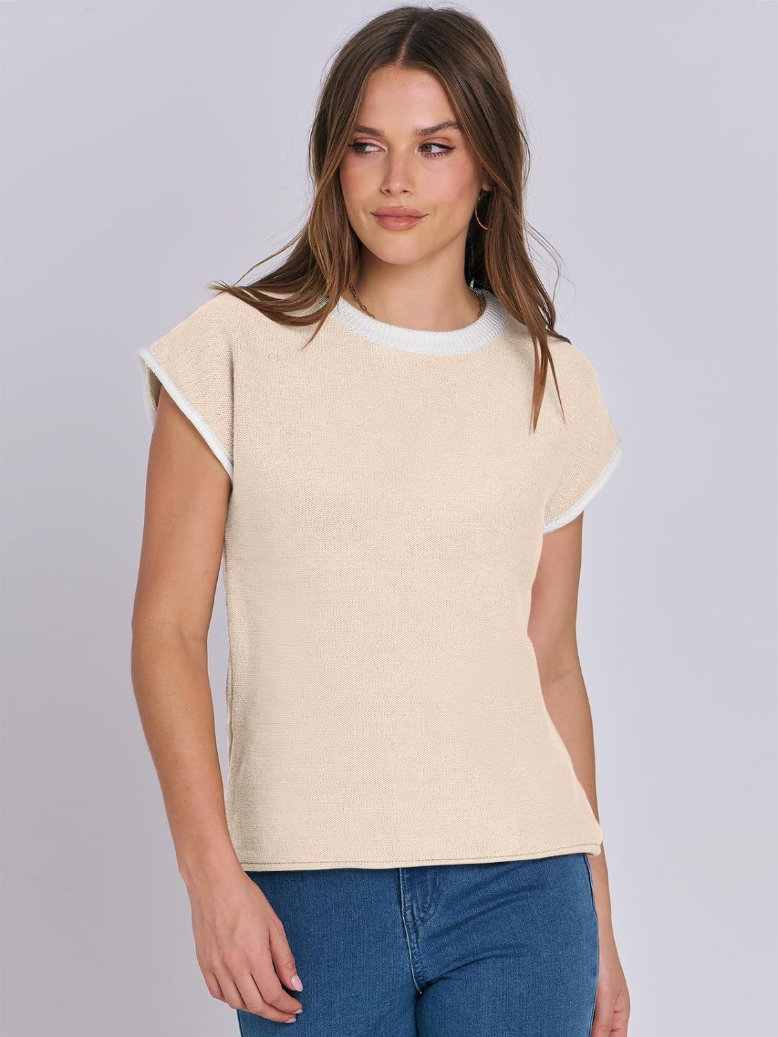 Mandy Contrast Round Neck Cap Sleeve Sweater-Angel Casuals