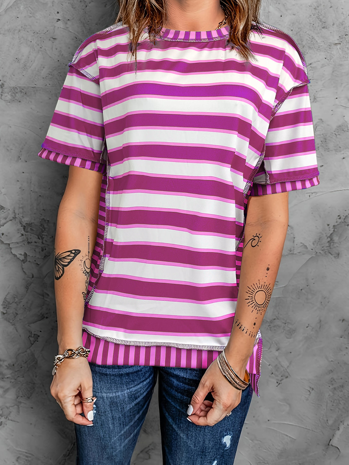 Full Size Contrast Stitching Striped Round Neck T-Shirt-Angel Casuals