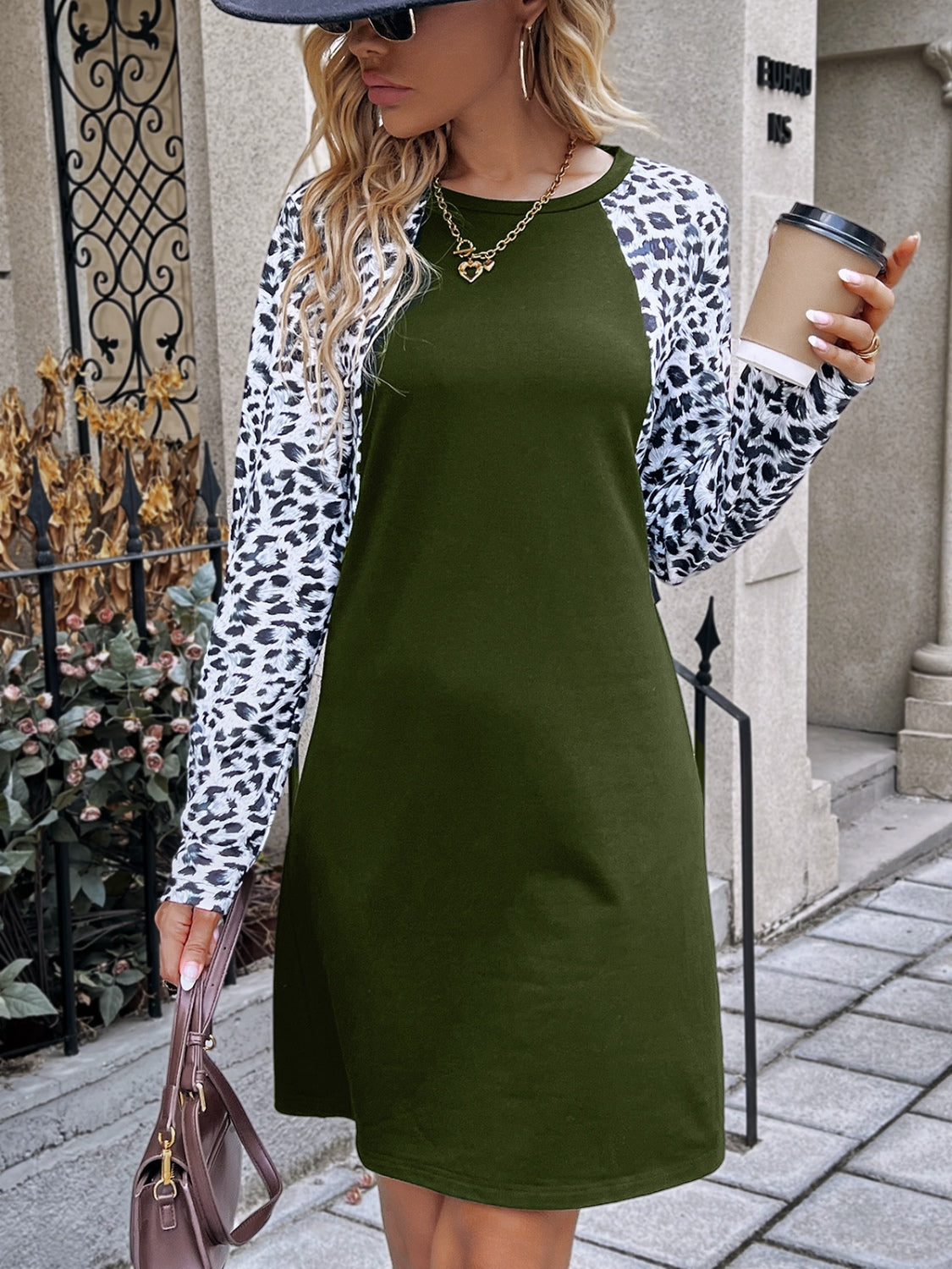 Leopard Round Neck Long Sleeve Dress-Angel Casuals