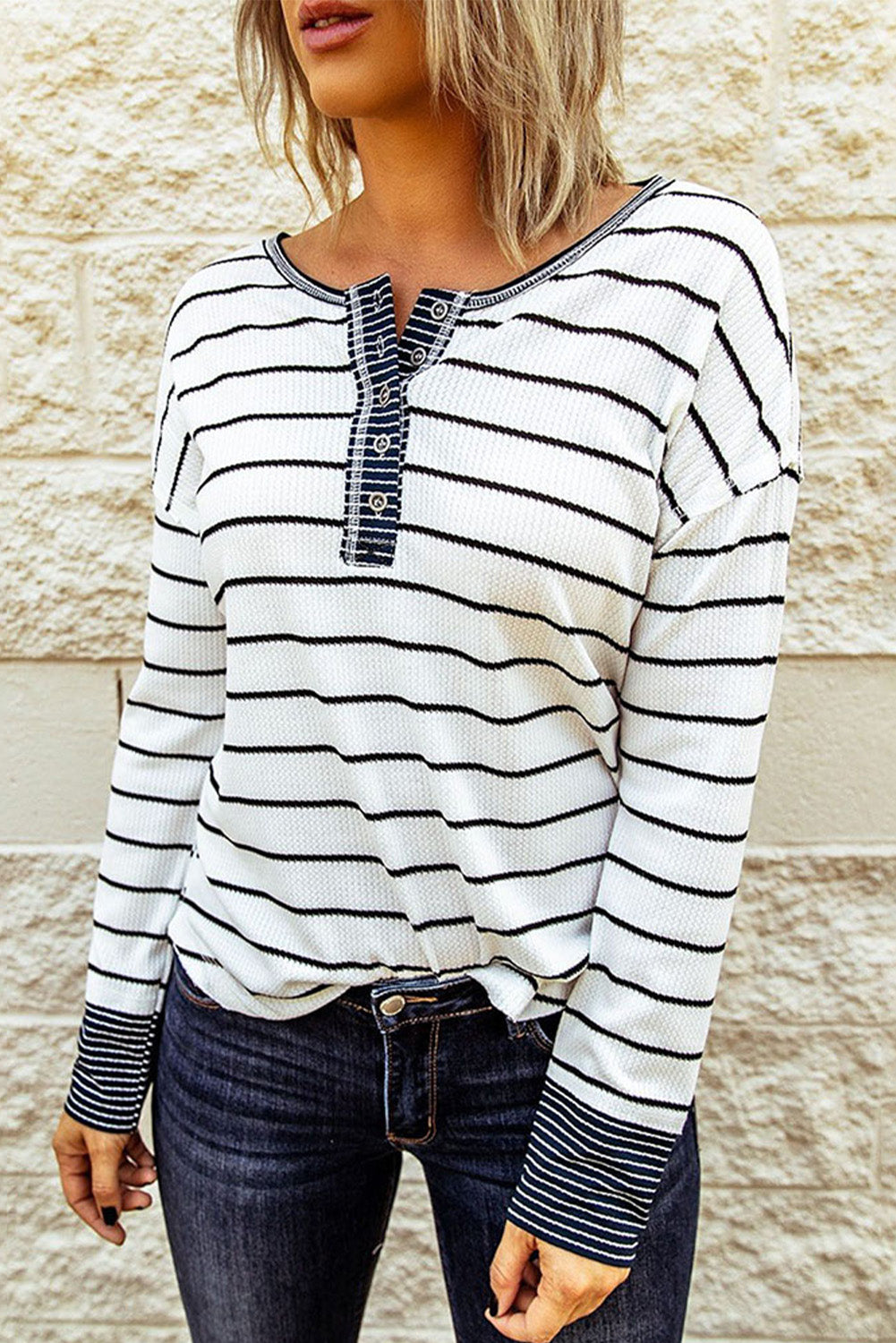 Striped Waffle Knit Henley Long Sleeve Top-Angel Casuals