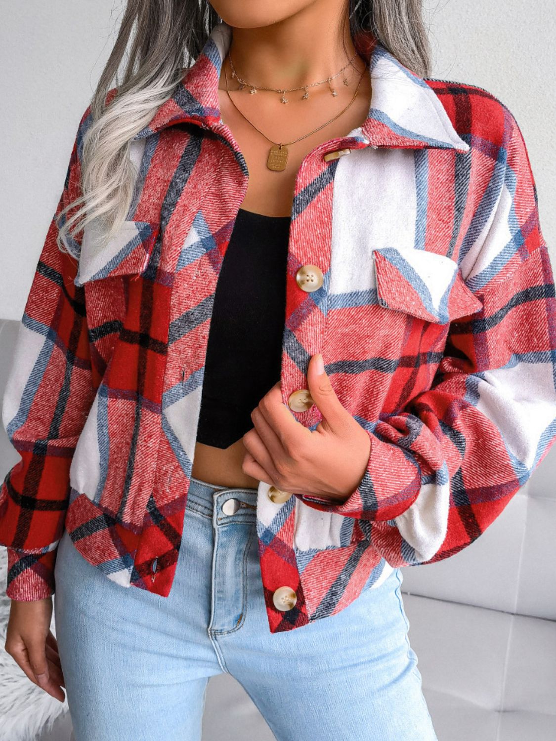 Plaid Collared Neck Drop Shoulder Jacket-Angel Casuals