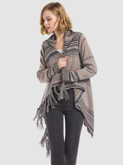 Angel Wings Tassel Striped Open Front Long Sleeve Cardigan-Angel Casuals