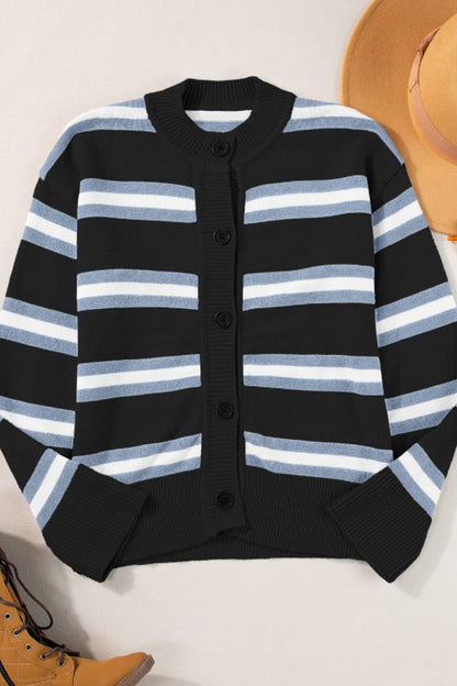 Striped Button Down Long Sleeve Cardigan-Angel Casuals