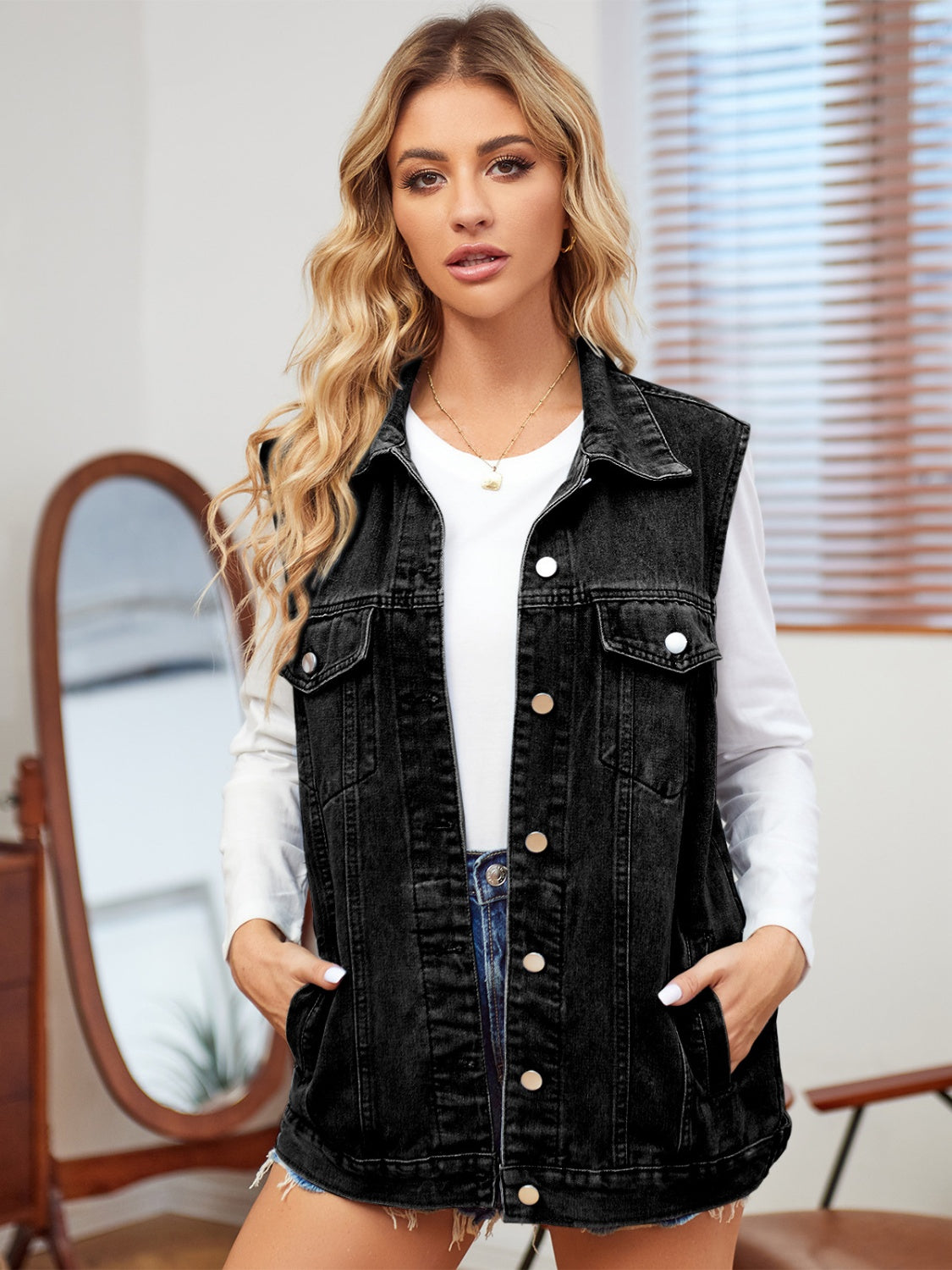 Pocketed Button Up Sleeveless Denim Jacket-Angel Casuals