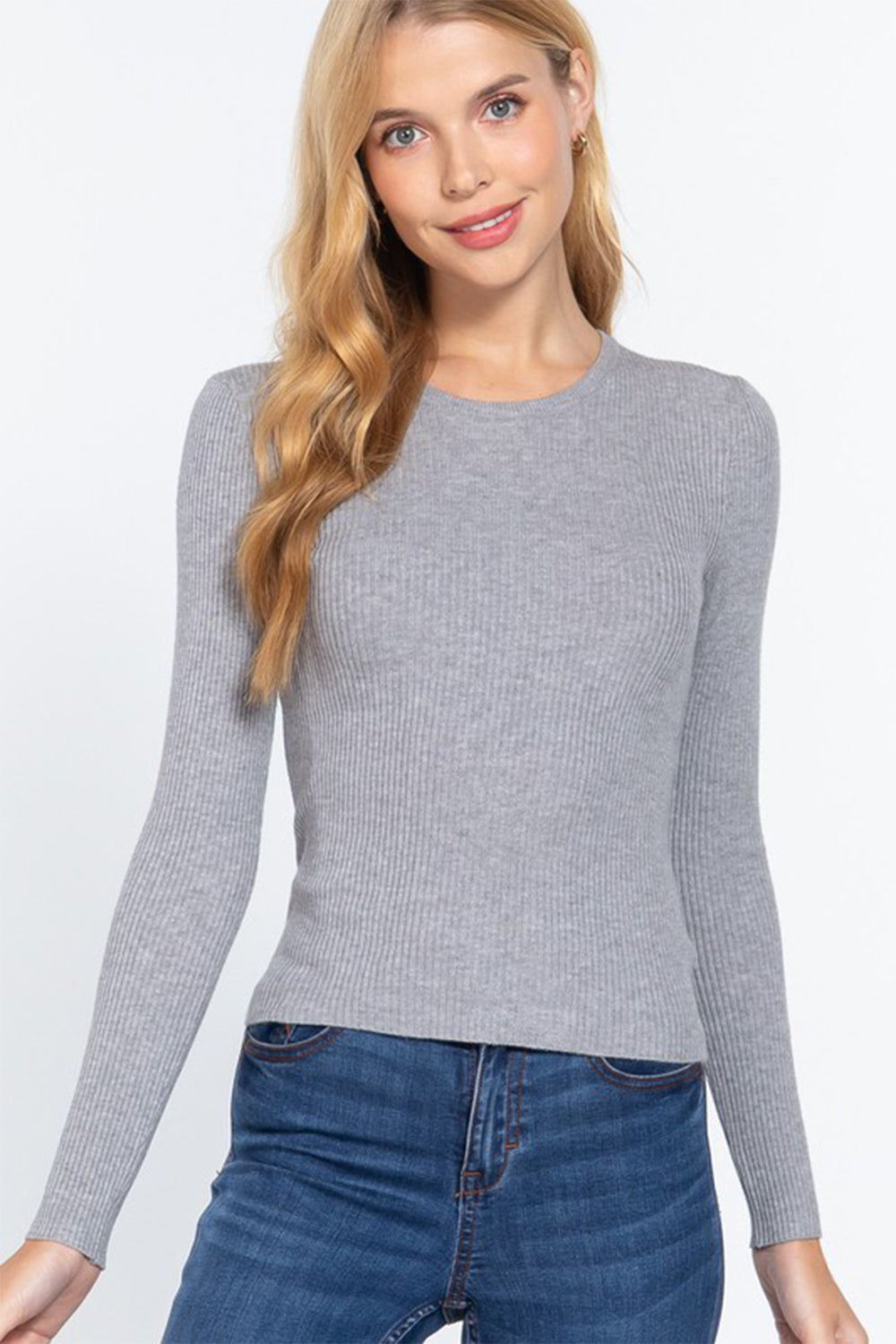 ACTIVE BASIC Full Size Ribbed Round Neck Long Sleeve Knit Top-Angel Casuals