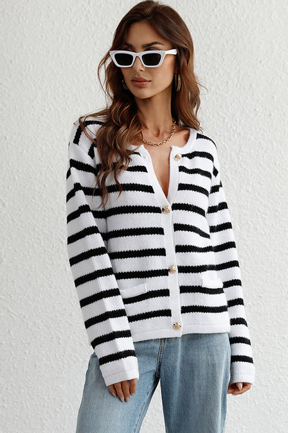 Striped Button Down Long Sleeve Cardigan-Angel Casuals