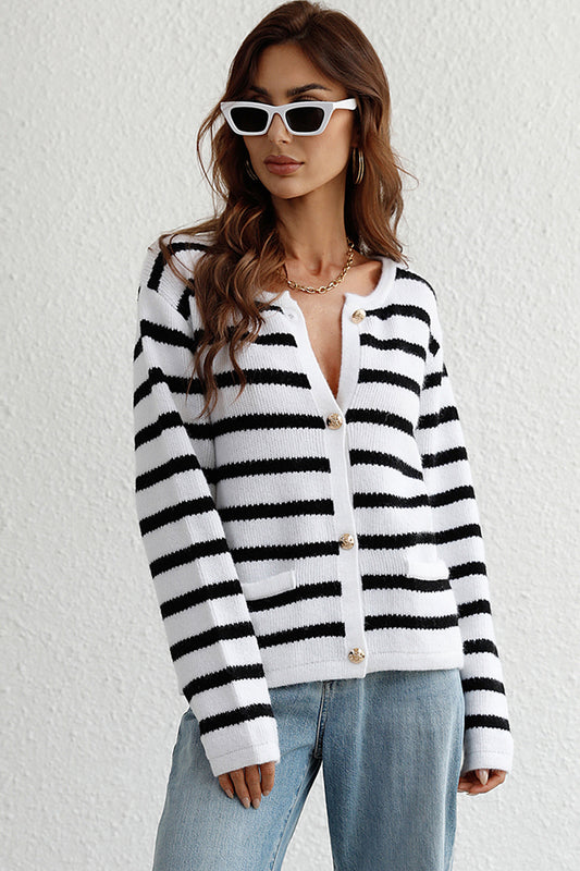 Striped Button Down Long Sleeve Cardigan-Angel Casuals