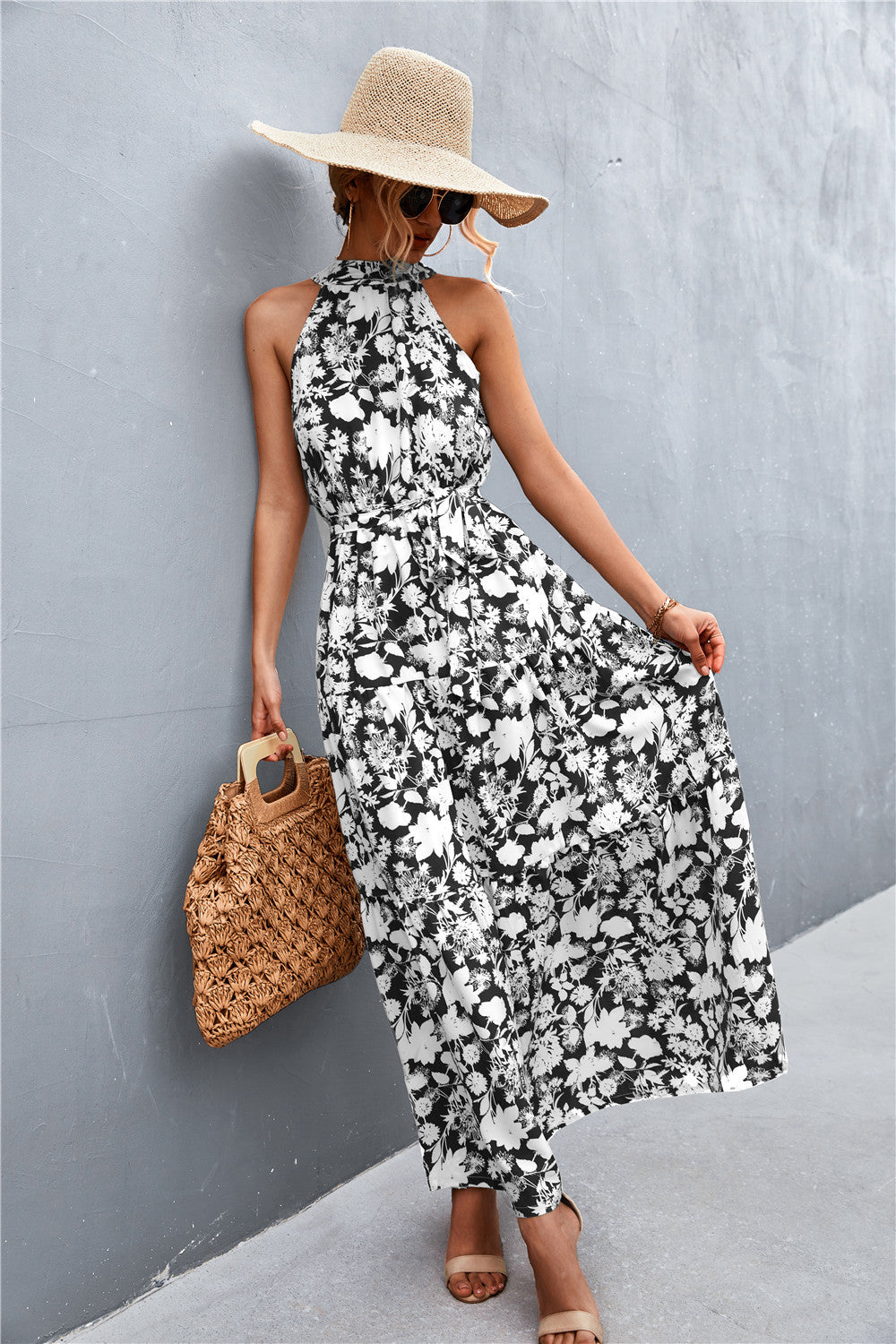 Printed Sleeveless Tie Waist Maxi Dress-Angel Casuals