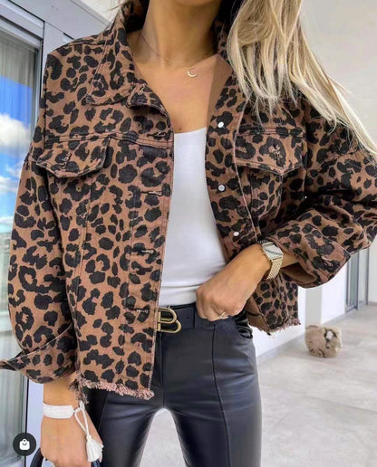 Leopard Raw Hem Denim Jacket-Angel Casuals