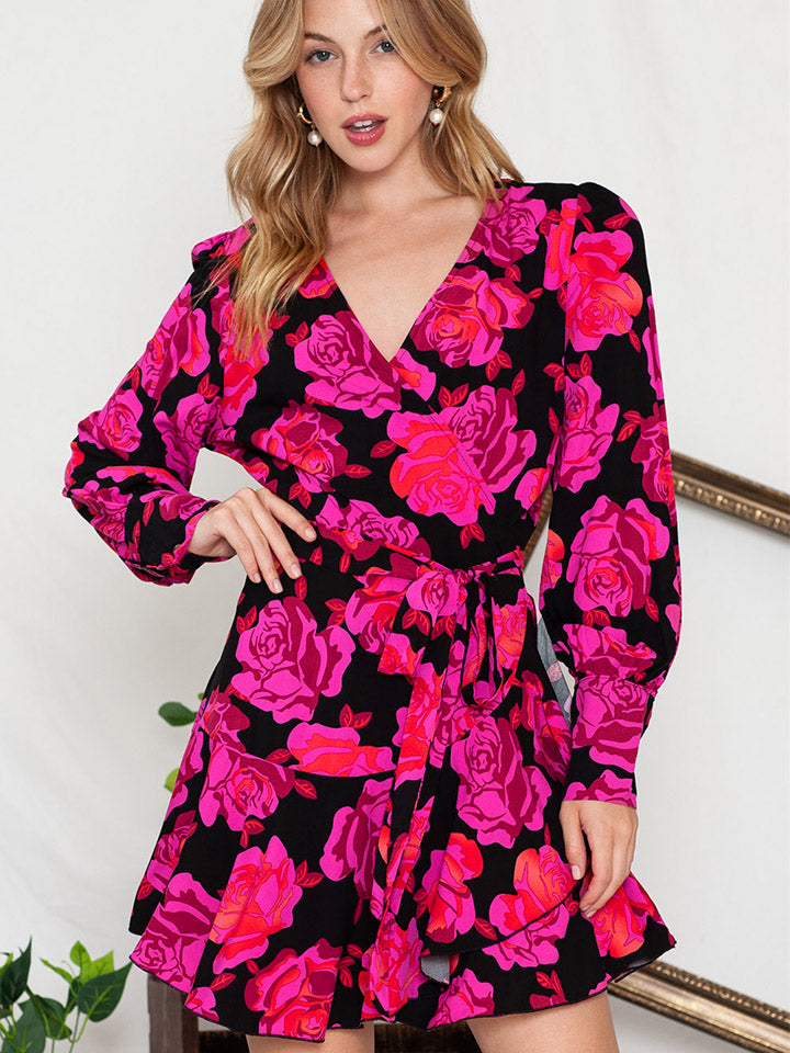 Floral Print Surplice Neck Long Sleeve Dress-Angel Casuals