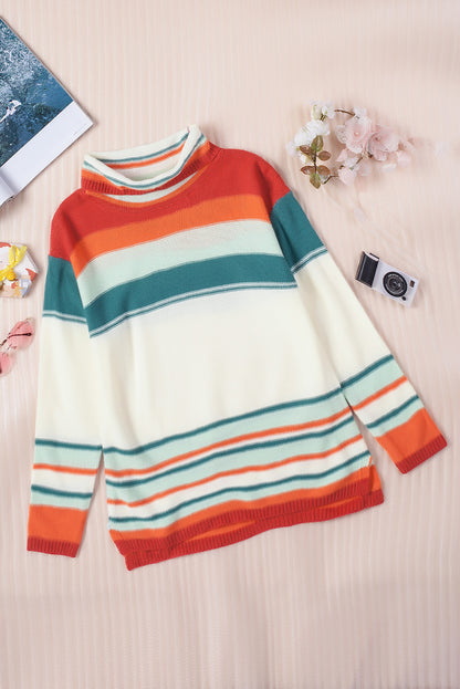 Contrast Striped Turtleneck Dropped Shoulder Sweater-Angel Casuals