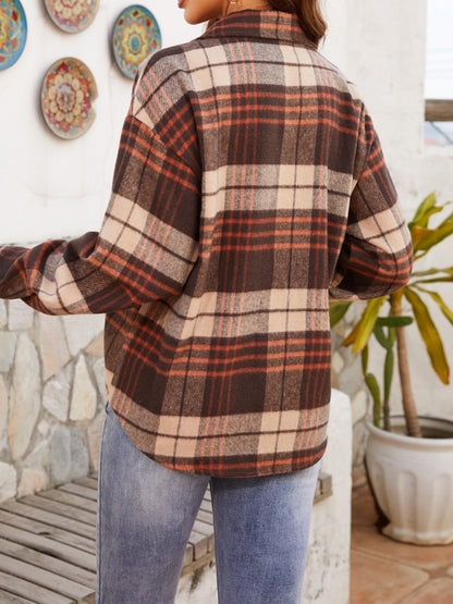 Plaid Button Up Long Sleeve Jacket-Angel Casuals