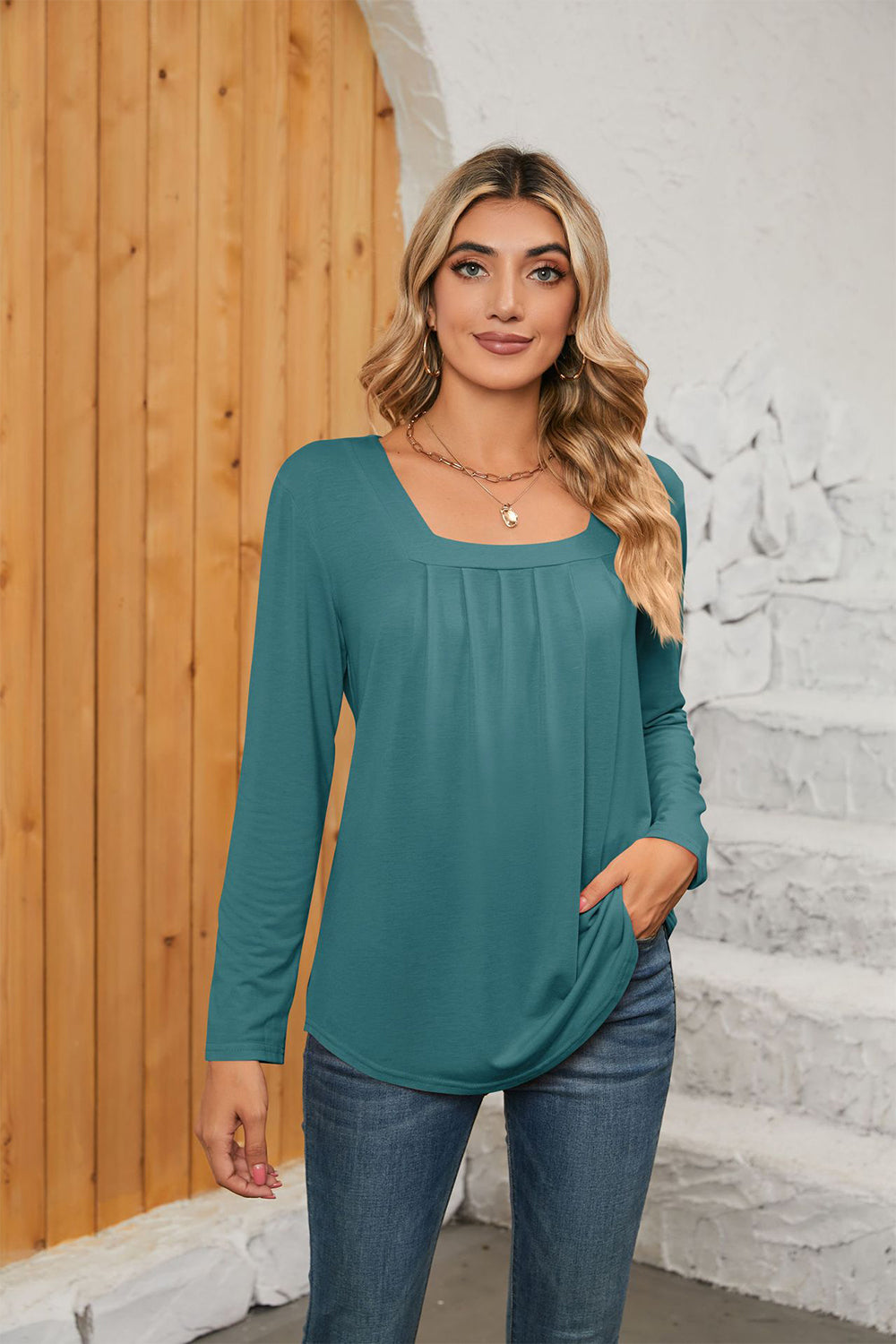 Square Neck Long Sleeve T-Shirt-Angel Casuals