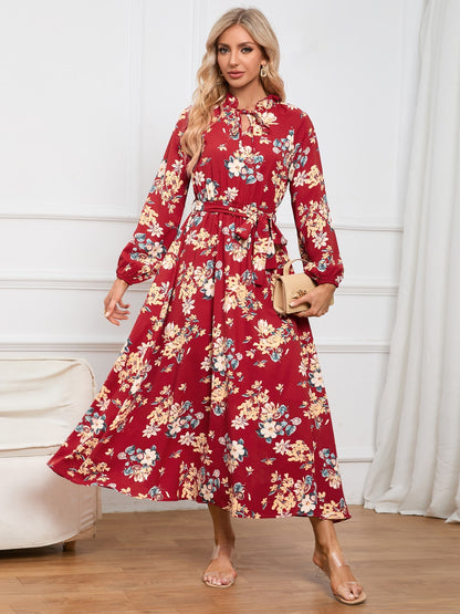 Floral Tie Front Balloon Sleeve Dress-Angel Casuals