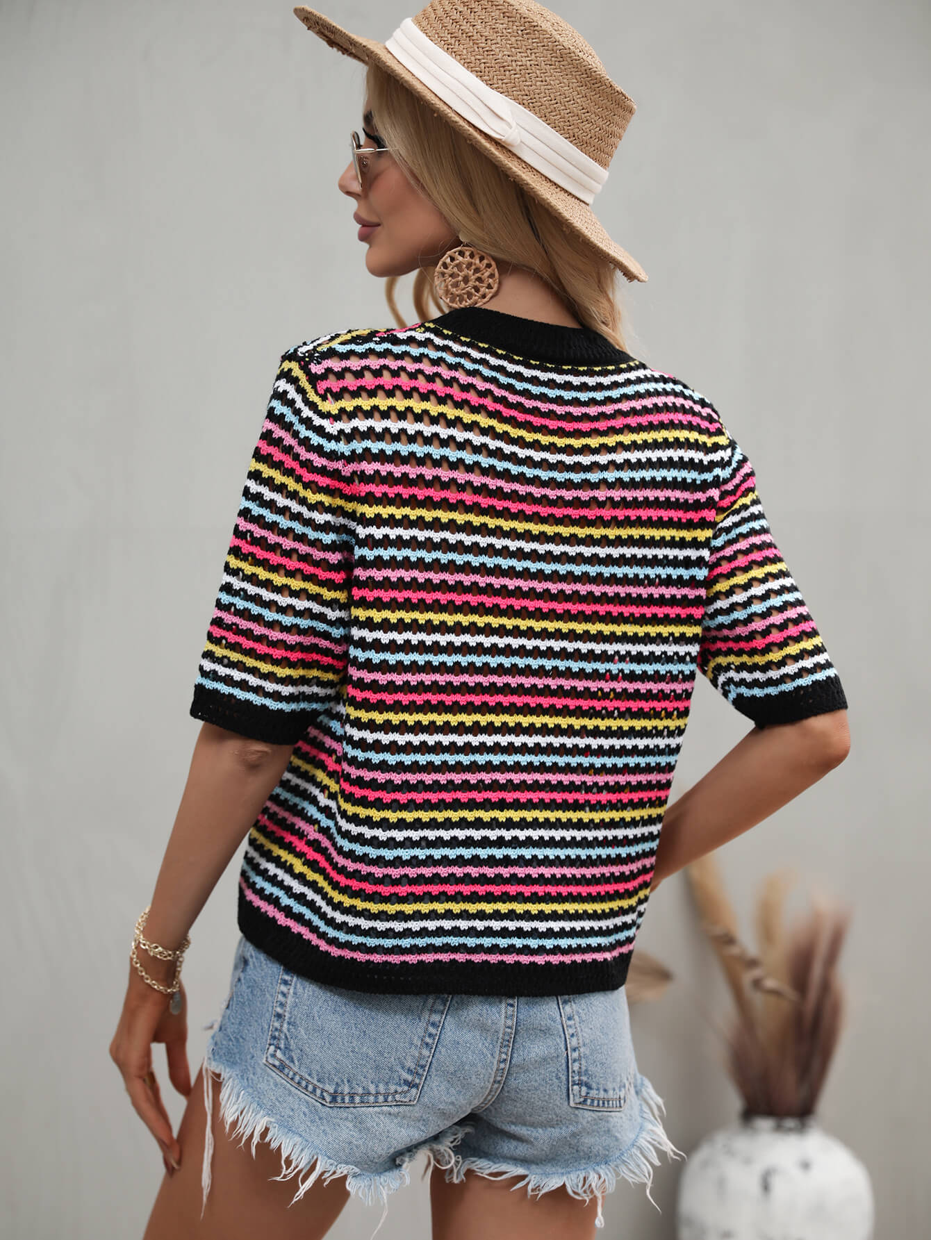 Striped Openwork Half Sleeve Knit Top-Angel Casuals