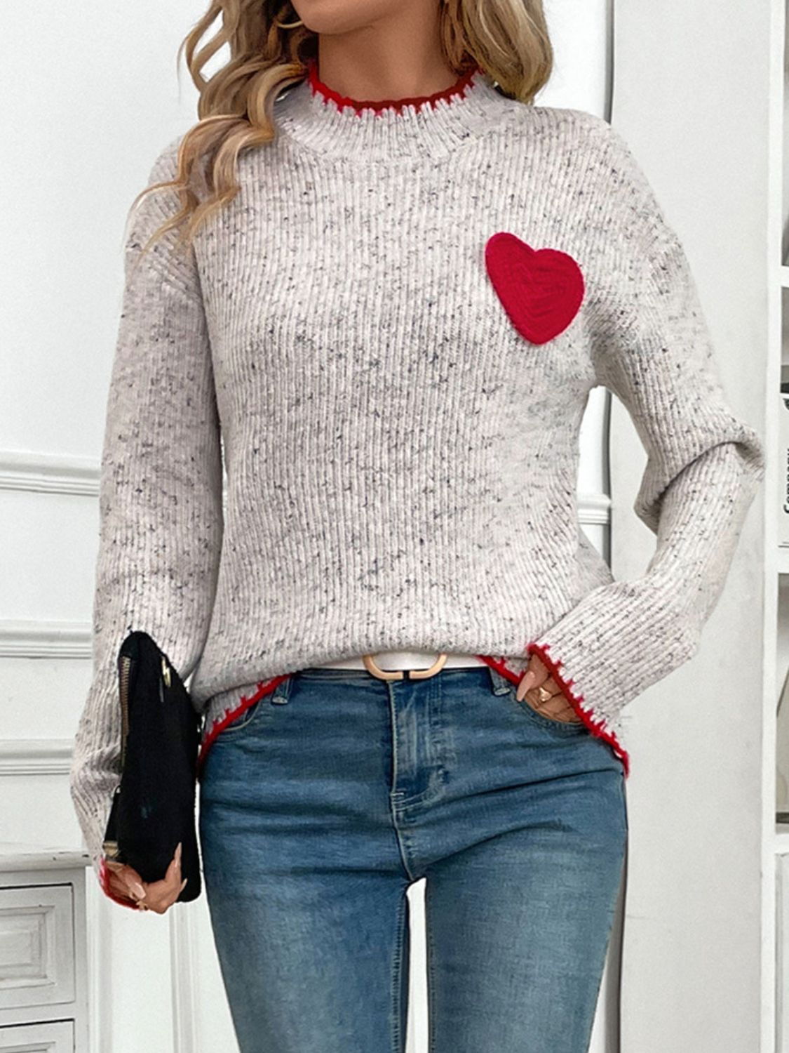 Perfee Contrast Heart Round Neck Long Sleeve Sweater-Angel Casuals