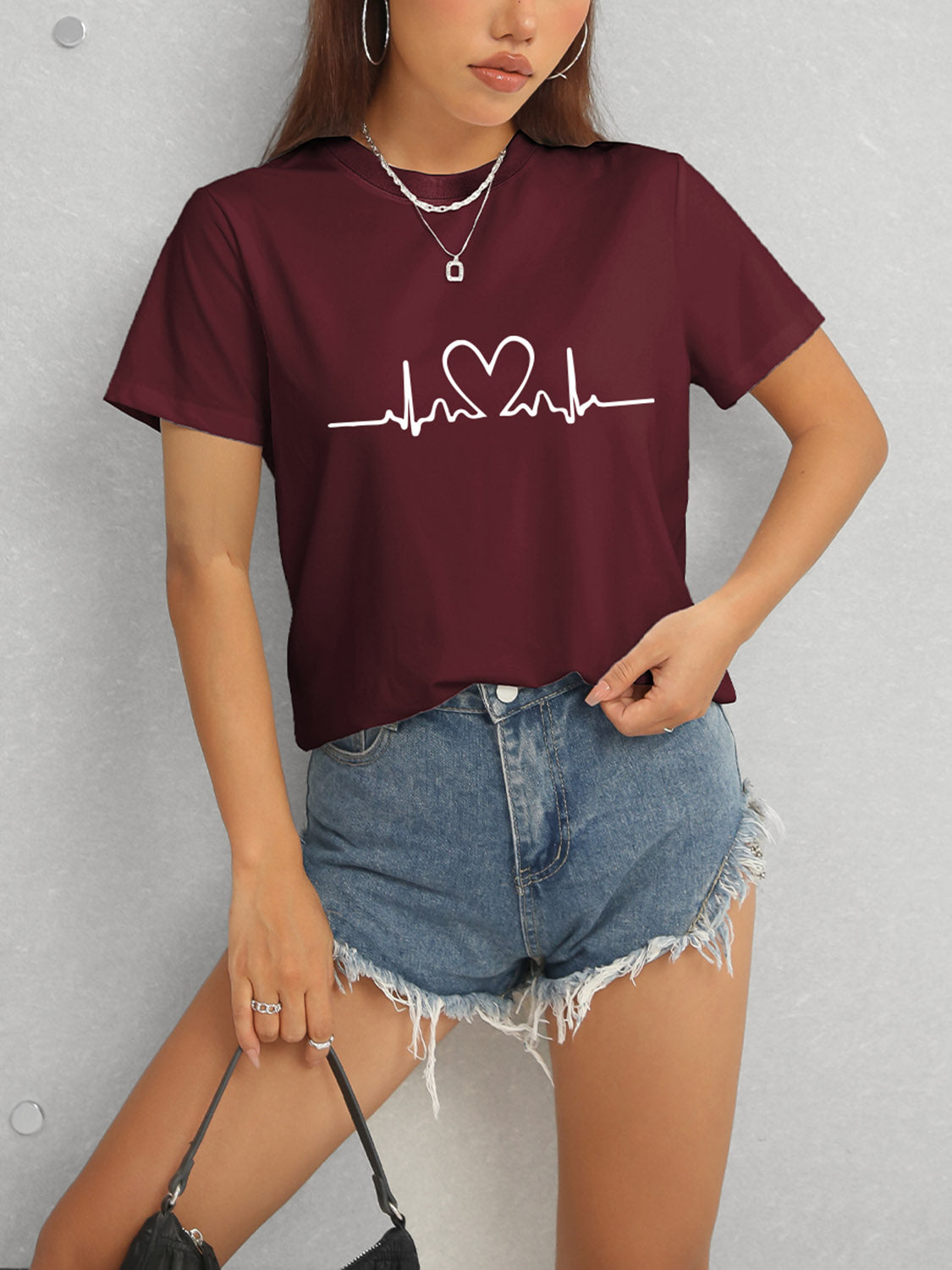 Heart Round Neck Short Sleeve T-Shirt-Angel Casuals