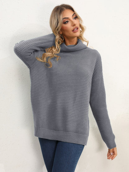 Slit Turtleneck Dropped Shoulder Sweater-Angel Casuals