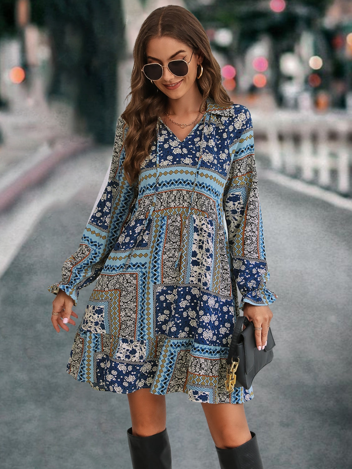 Printed Tie Front Flounce Sleeve Dress-Angel Casuals