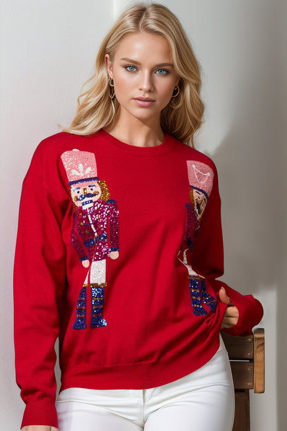 Double Take Full Size Nutcracker Sequin Long Sleeve Sweater-Angel Casuals