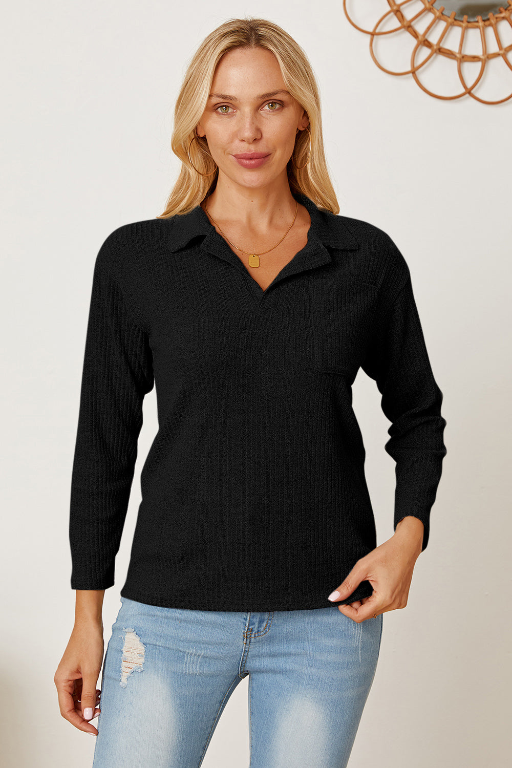 Collared Neck Dropped Shoulder T-Shirt-Angel Casuals
