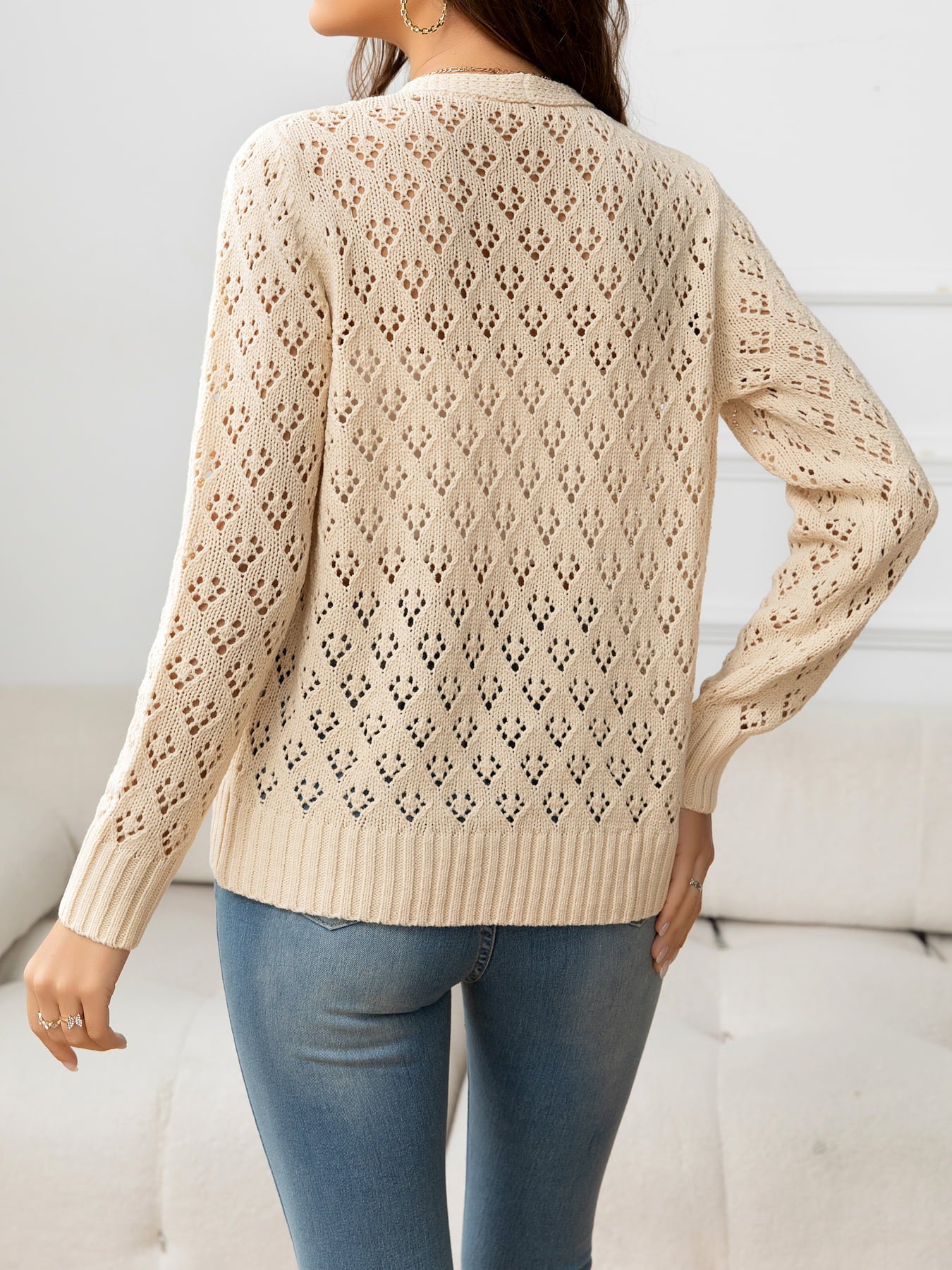 Openwork V-Neck Buttoned Knit Top-Angel Casuals