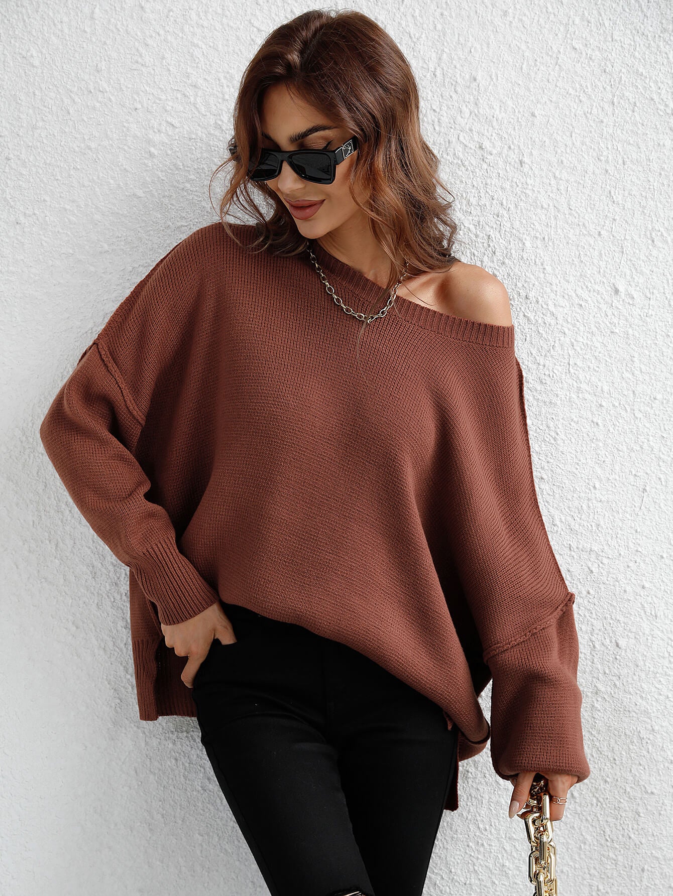 Exposed Seam Dropped Shoulder Slit Sweater-Angel Casuals