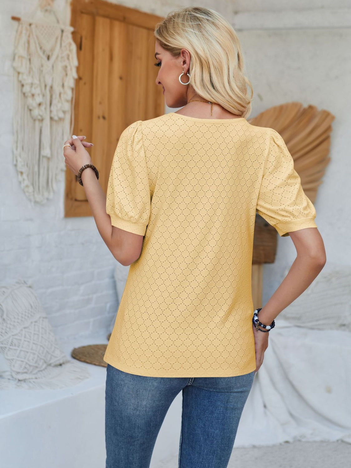 Eyelet Asymmetrical Neck Short Sleeve T-Shirt-Angel Casuals
